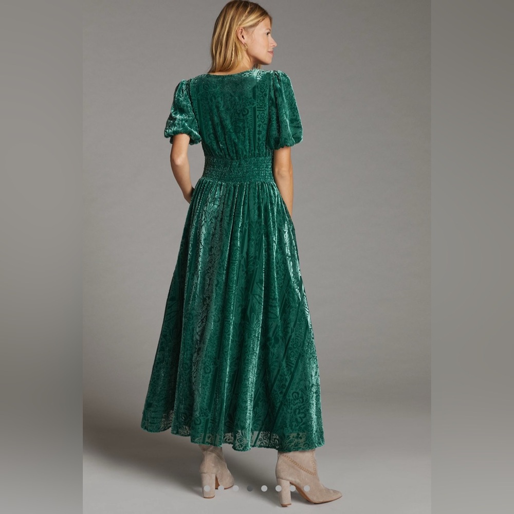 Anthropologie Katerina Puff Sleeve Burnout Velvet Maxi Dress Emerald Green 12 - Picture 4 of 6